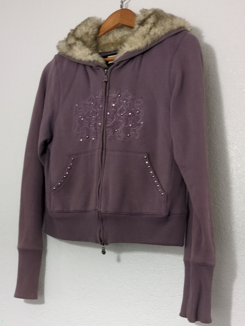 Lavender Zip-Up Hoodie with Faux Fur Trim